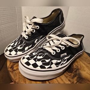 Vans Black and White Checkerboard Flames Lace Up Shoes Womens 7 Mens 5.5